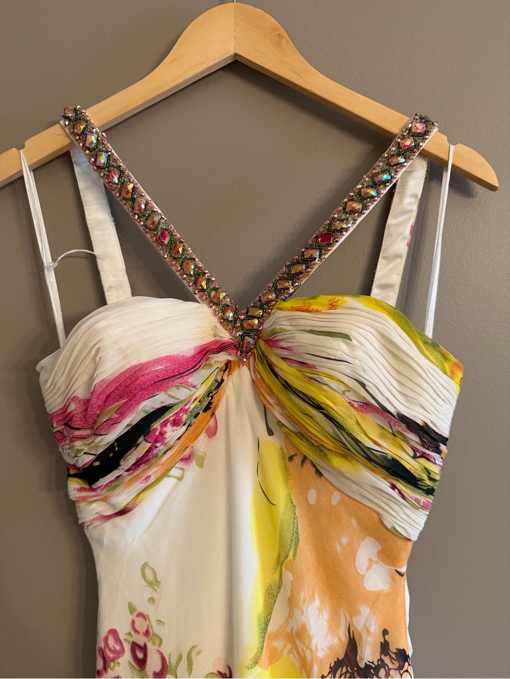 Faviana Y2K Jeweled V-Neck Floral Maxi Dress in White, Pink & Yellow - Picture 3 of 11